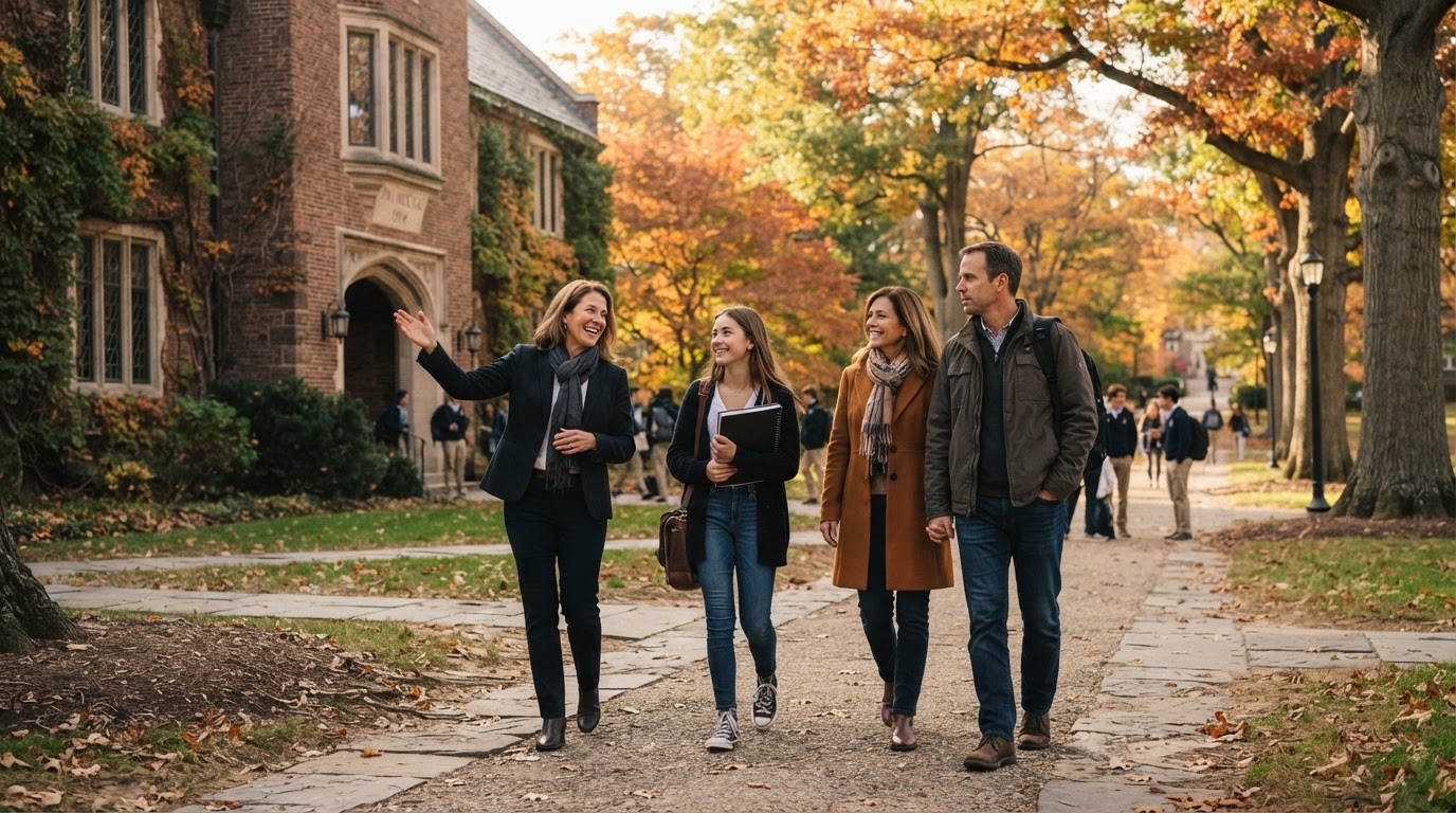 A family walking across a sunlit independent school campus with an admissions director