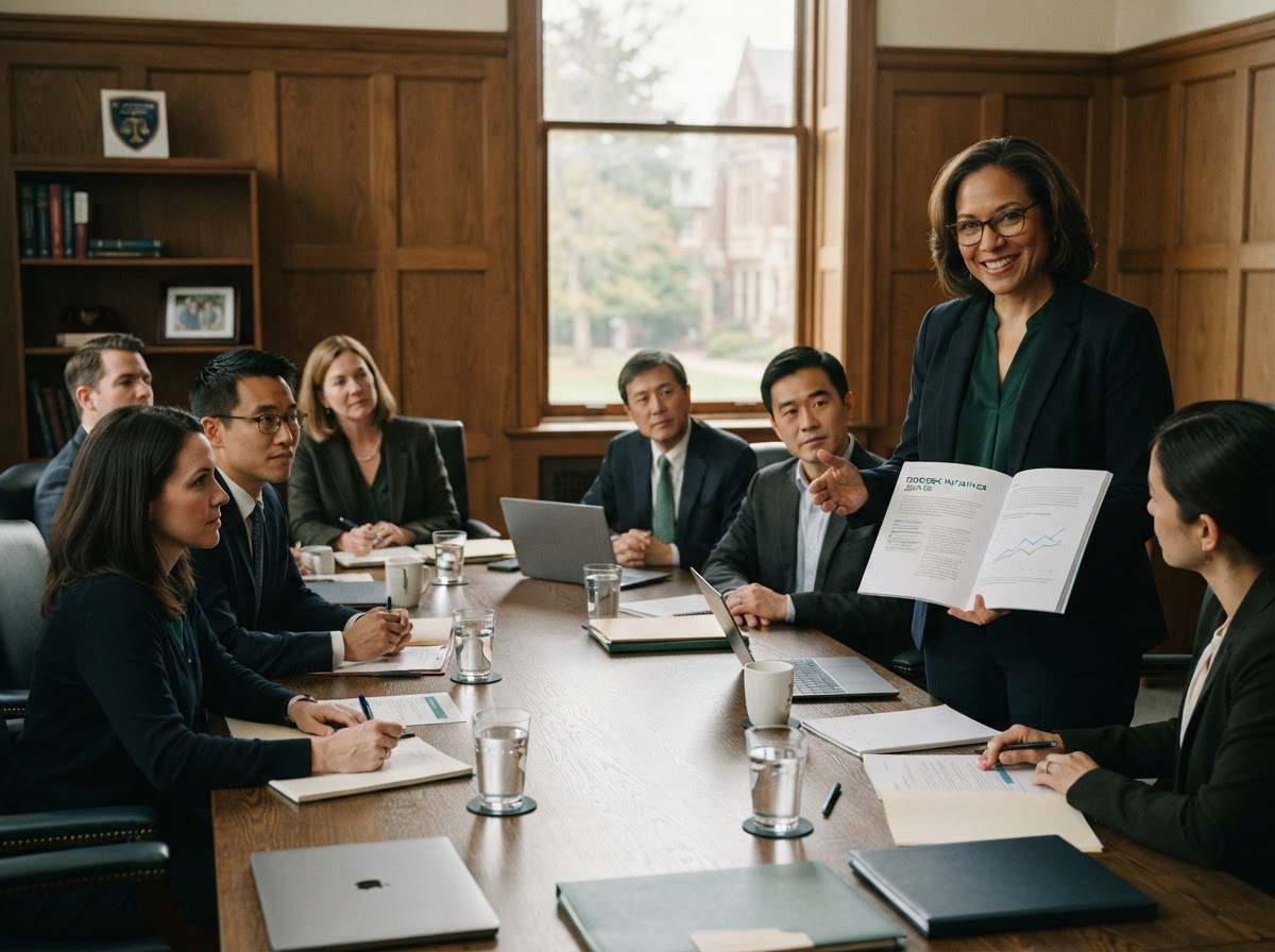 A head of school presenting a report to a board around a wooden conference table